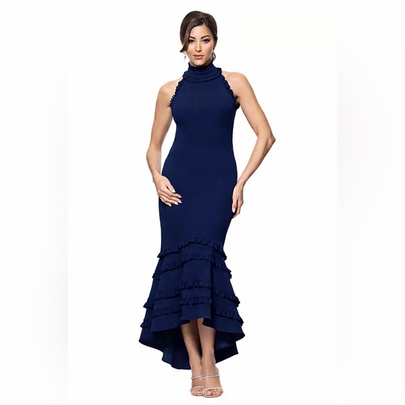 XSCAPE Ruffled Mock Neck Sleeveless Midi Dress Navy Blue size 8 NEW
